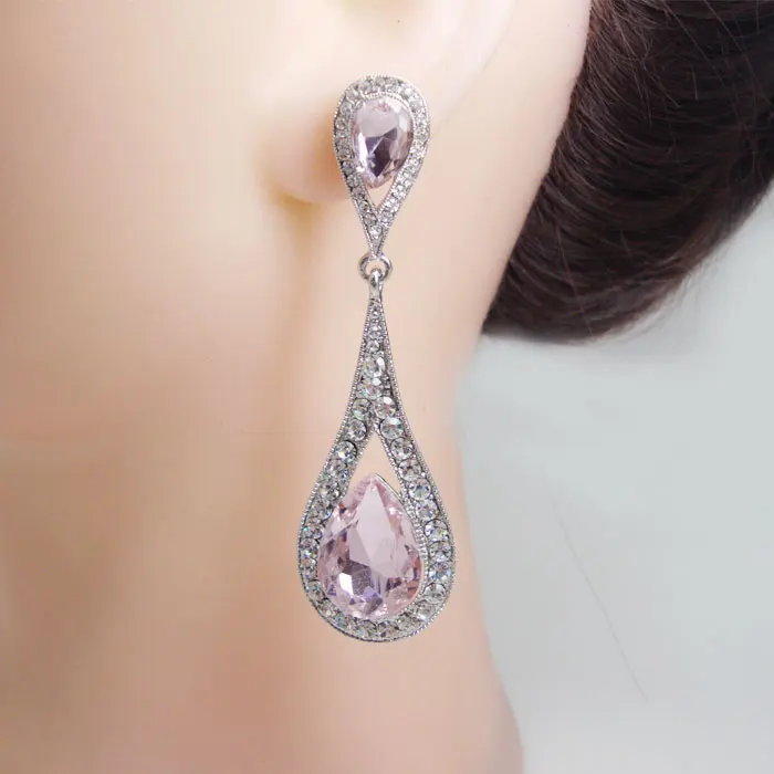 

Art Deco Teardrop Pink Austrian Crystal Woman Earrings Silver-Tone