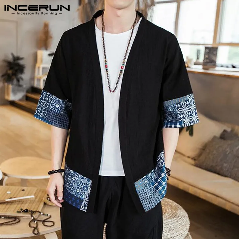 INCERUN Men Kimono Shirt Streetwear Vintage Half Sleeve Cotton Autumn