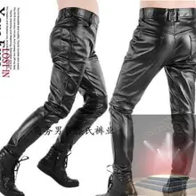 Весна и осень мужские узкие кожаные Штаны мужской тонкий черный Лоскутная PU мотоцикла Облегающие штаны мужские искусственная кожа брюки черный