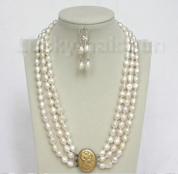 

Free shipping hot sale Women Bridal Wedding Jewelry >>3row 12mm baroque white pearls necklace dangle Earring seashell clasp