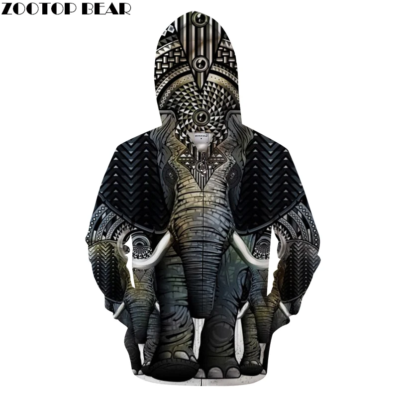 Мужская толстовка на молнии Elephas Maximus в стиле хип-хоп с 3D принтом зимняя забавная