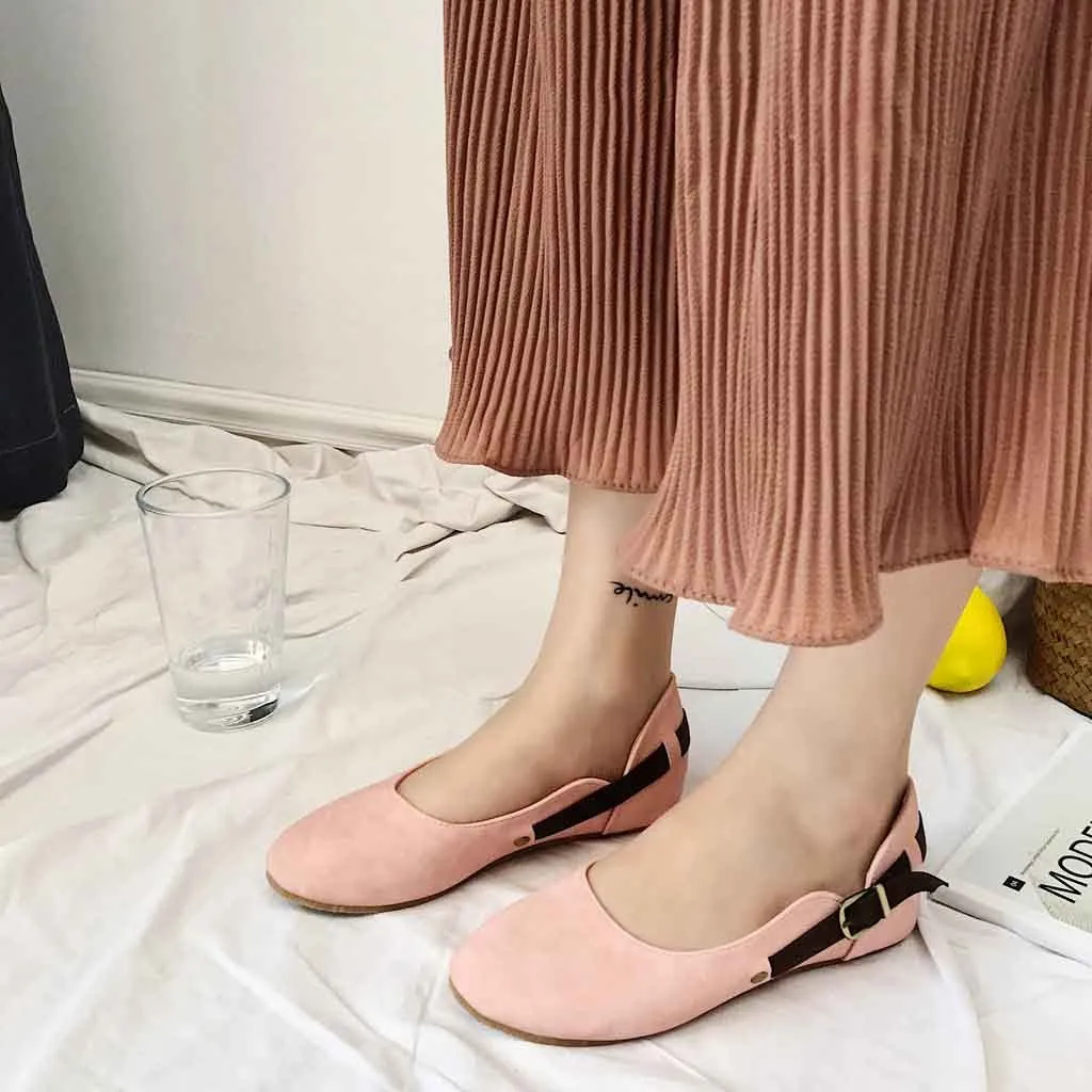 

Suede Round Toe Flat Lazy Shoes Women Belt Leather Soft Bottom Buckle Shallow Mouth Casual Slip On Shoes Sweet Colors 35-39