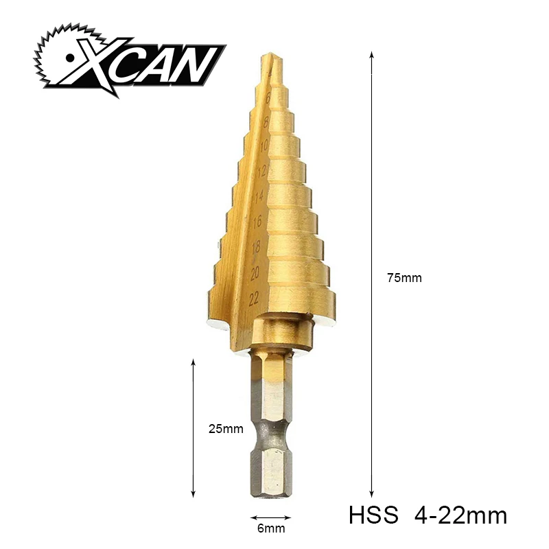  XCAN 1pc 4-22mm Titanium Coated Step Drill HSS Straight Flute Pagoda Drill Hex Shank Woodworking To