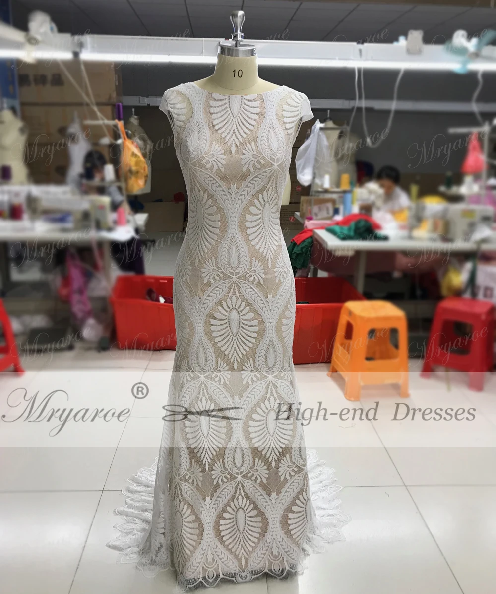 Mryarce Unique Lace Bohemian Wedding Dress With Cap Sleeves Open Back Mermaid Boho Bridal Gowns  (3)