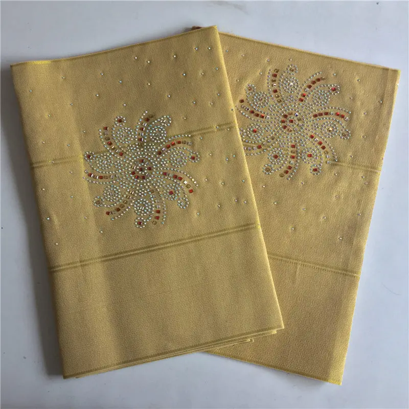 

High quality New Big Stones pattern yellow ASO OKE headtie gele niegrian asooke gele 2pieces in a bag gold color aso oke