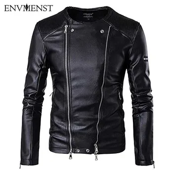 

2017 New Leather Jackets Multi-pocket Motorcycle Leather Jacket Men Stand Collar Double Zip Placket Jacket