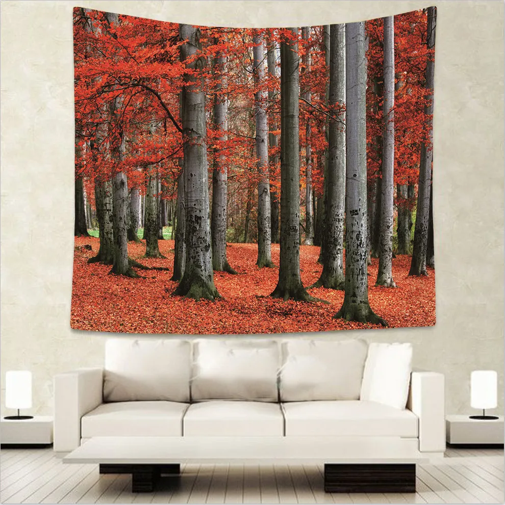 

Four Seasons Forest Style 100% Polyester Tapestry Red Maple Leaves Sunrise Sunset Lake Decorative Wall Hanging GT15