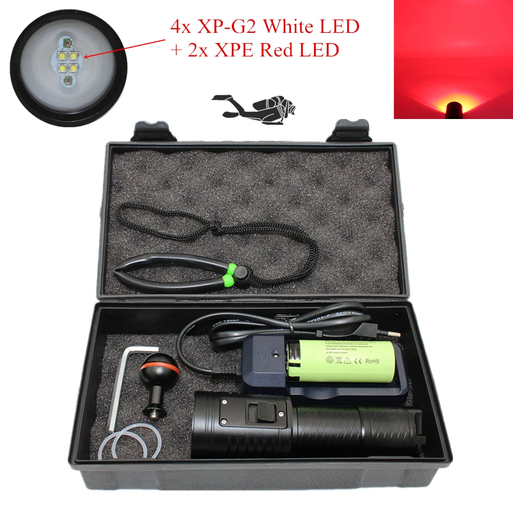 

Underwater Photography Video Light Diving Flashlight White/Red 2x XPE + 4x XP-G2 LED Scuba Torch 6 Mode Photo Lighting Lamp