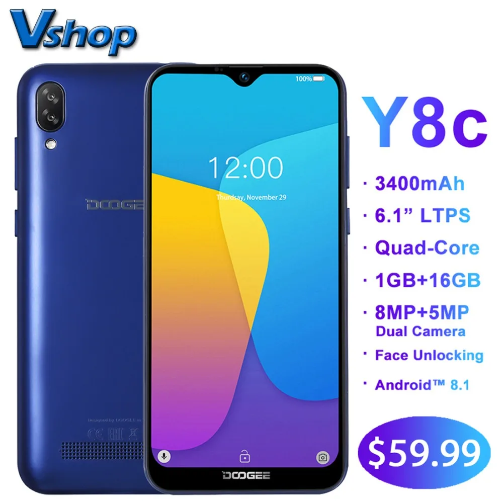 Смартфон DOOGEE Y8c Android 8 1 экран 6 дюйма 19:9 MTK6580 ГБ ОЗУ 16 Гб ПЗУ 3400 мАч две SIM карты Мп + 5