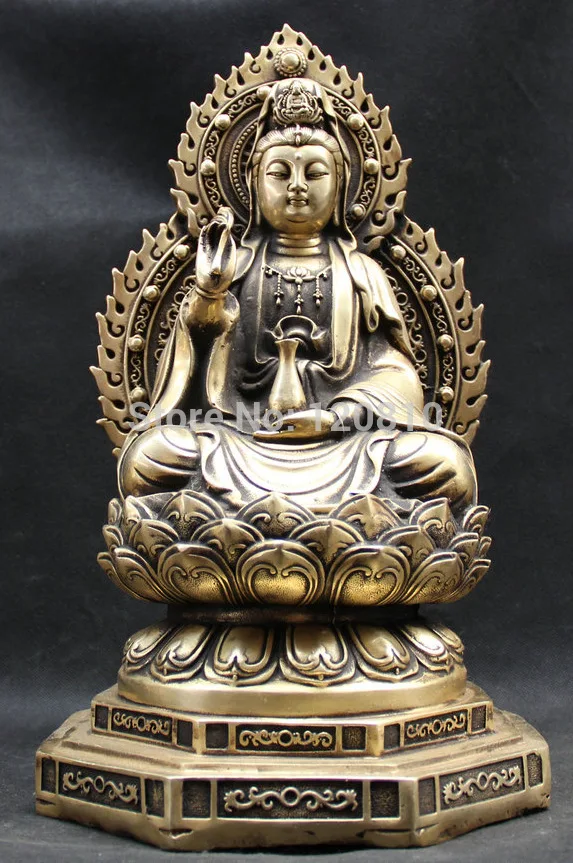 

16" Chinese Buddhism Brass Seat Lotus Kwan-yin Guan Yin Goddess Vase Statue