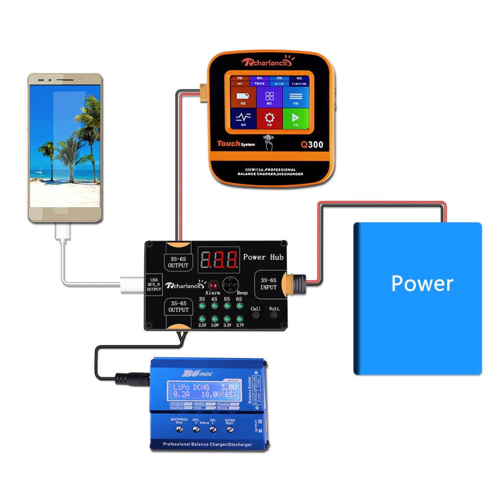 

Newest 4in1 3s-6s Output Battery Power Hub Charging Adapter Board 2.5V-3.7v phone XT60 B6mini Charger Board for RC Toy Batteries