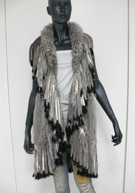 

Top quality! Autumn and winter women's knitted 100% genuine rabbit fur long vest genuine leather tassel vest cloak tb102