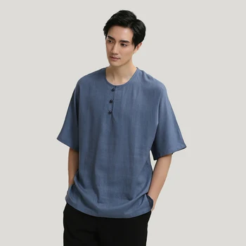 

Solid Chinese Men's Cotton Linen Blouse Male Mandarin O-Neck Kung Fu Shirt Top M L XL XXL 3XL WNS2714