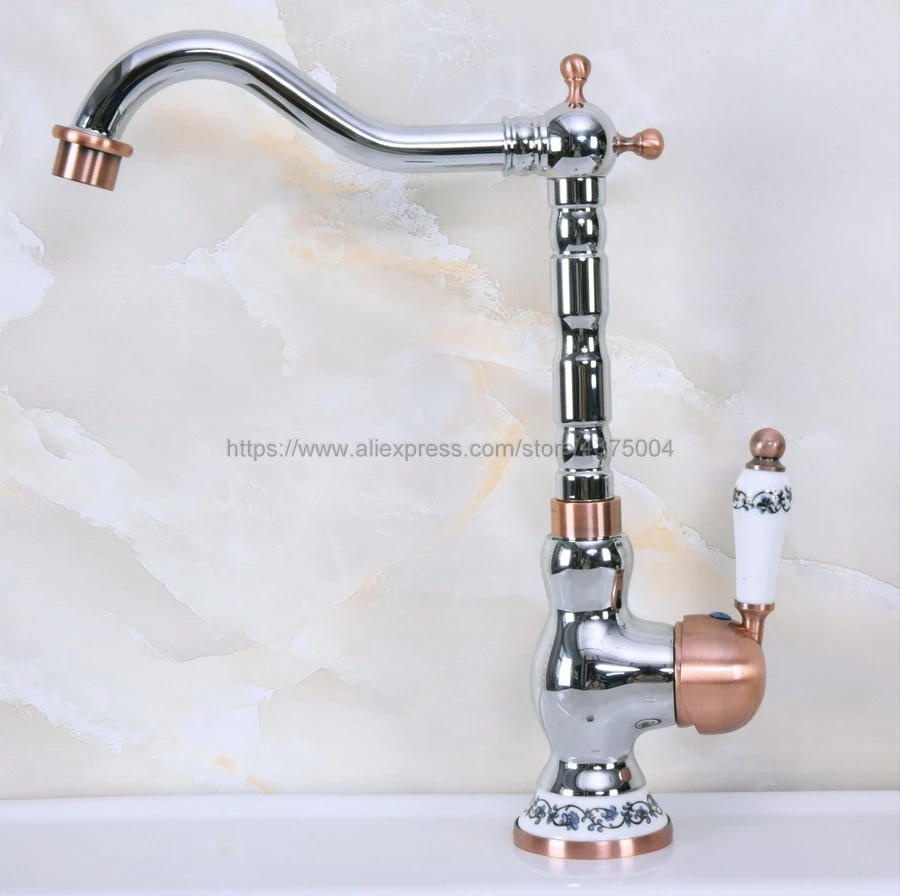 Bathroom Sink Faucet Polished Chrome And Red Copper 360 Rotable Basin Faucet Water Tap Single Handle Cold and Hot Water Nnf908