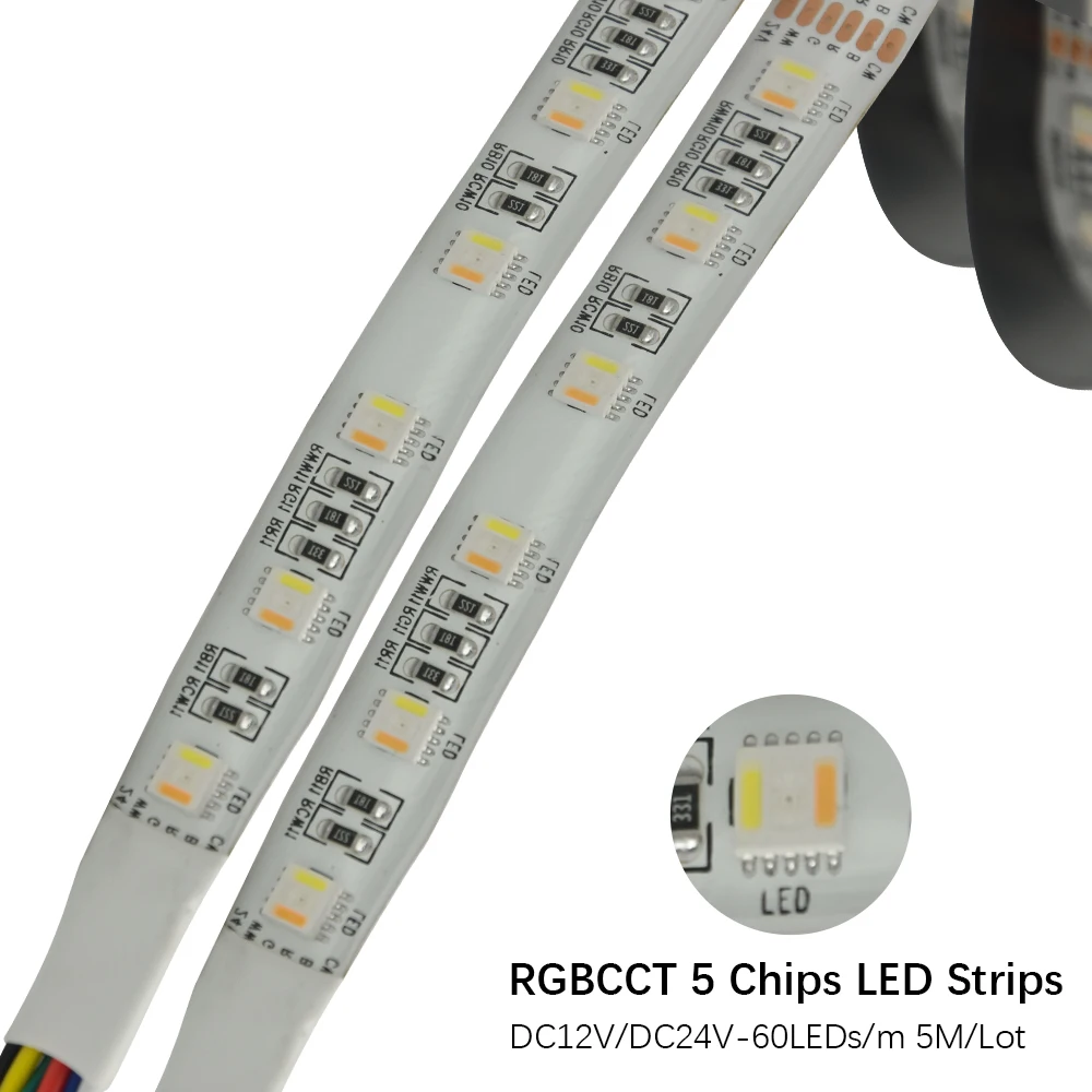 Светодиодная лента RGB + CCT 5050 60 светодиодов/метр 12 В 24 5 в 1 с чипами CW WW гибкая