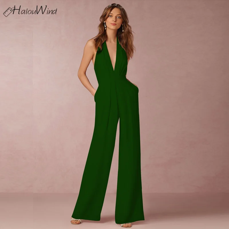 Women Elegant Backless Jumpsuits Sexy Halter Neck Sleeveless Rompers Wide Leg Ladies Overalls Combinaison Femme Wedding Jumpsuit