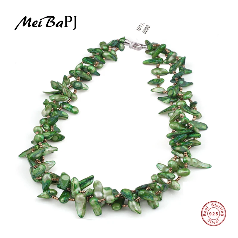 

[MeiBaPJ] Baroque color pearl necklace green/red/brown 3 colors 925 sterling silver jewelry good for party gift box