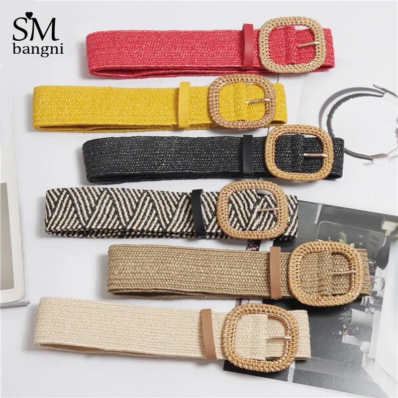 2019 Summer Elastic Handmade Woven Straw Waist Belts Round Buckle