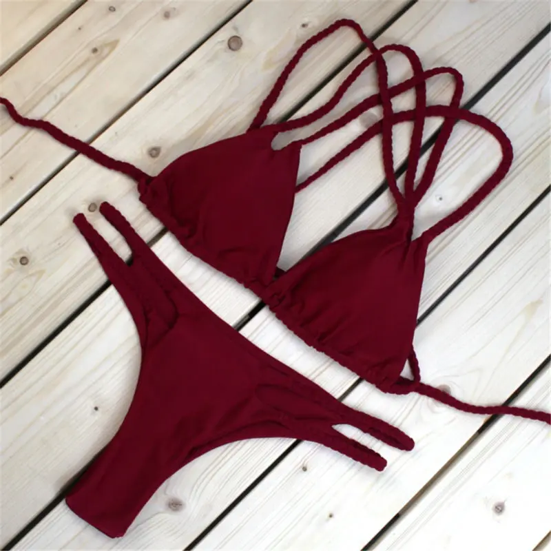 

Reversible Beach Bikinis Sexy Micro Swimsuit Solid Red Yellow Swimwear Women Brazilian Biquini String Bathing Suit Kintted Wear