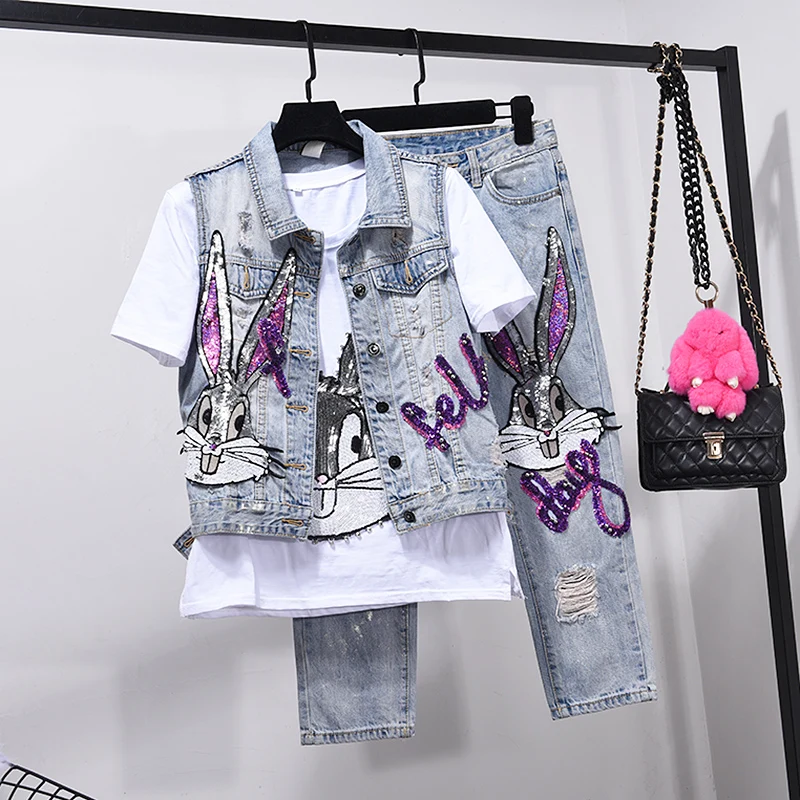 

European Style Hole Jeans Set Womens Two Piece Sets Spring Summer Outfits New Vest Coat + Seven Point Denim Pants Girls Students