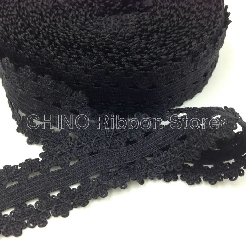 

7/8" 10Y Black Frilly Edge Lace Ribbon Stretchy Picot Lace Trim Fold Over Elastic FOE for Baby Head wear Hair Accessories L24