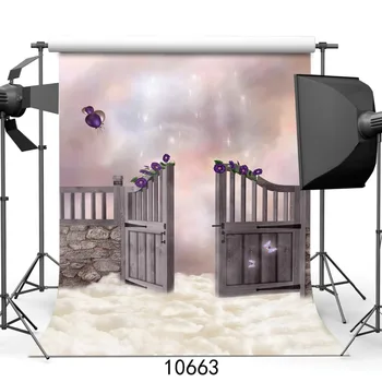 

Glitter Colored Clouds Fairy Tale Wooden Gate Vinyl Photography Background For Baby Backdrops Photo Shoot Booth Studio