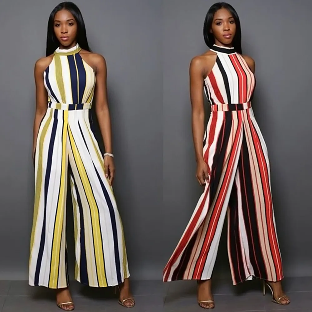 Women jumpsuit Sleeveless Turtleneck Stripes High Waist Flared