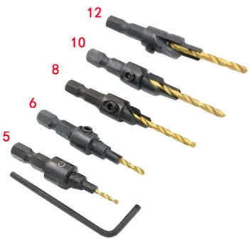 

5 Pcs HSS Countersink Drill Bit Set W/Wrench 1/4" Hex Shank Drill #5 #6 #8 #10 #12 HVR88