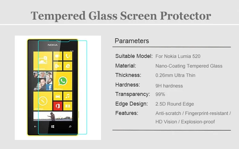 0,26 мм Взрывозащищенная Передняя ЖК-пленка из закаленного стекла для microsoft Nokia Lumia 520 Nokia520 Защитная пленка для экрана