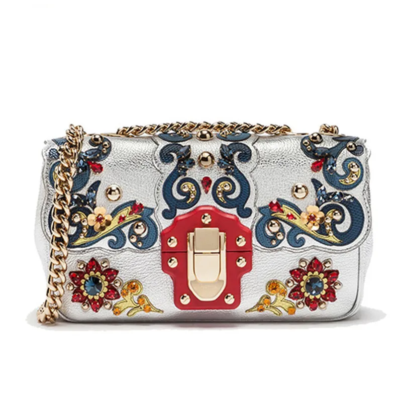

Top Quality Super Luxury Brand Genuine Leather Women Chain Shoulder Bags Vintage Baroque European Gemstone Decoration Handbags