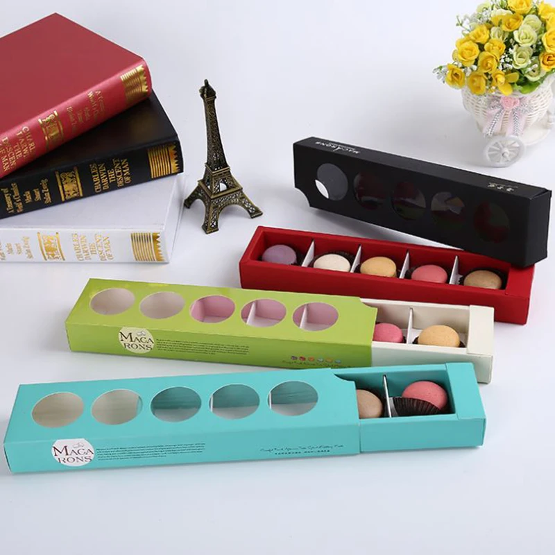 

long 5 cavities Colorful Paper Drawer Type Macaron Box Muffin Cookie Dessert Chocolate Cake Packaging Box Party Gift Packing Box