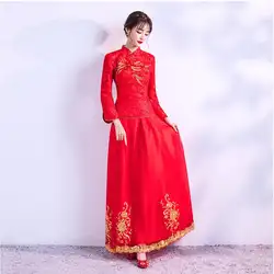 Фирменная новинка элегантные ручной Вышивка китайский Cheongsam зима невесты платье в китайском стиле Длинные рукава красный тост дамы