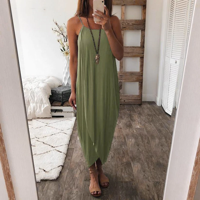 Female Ladies Holiday Strappy Irregular Wrap Maxi Summer Dress Women Loose Solid Color Sleeveless Sexy Sundress Plus Size S-3XL