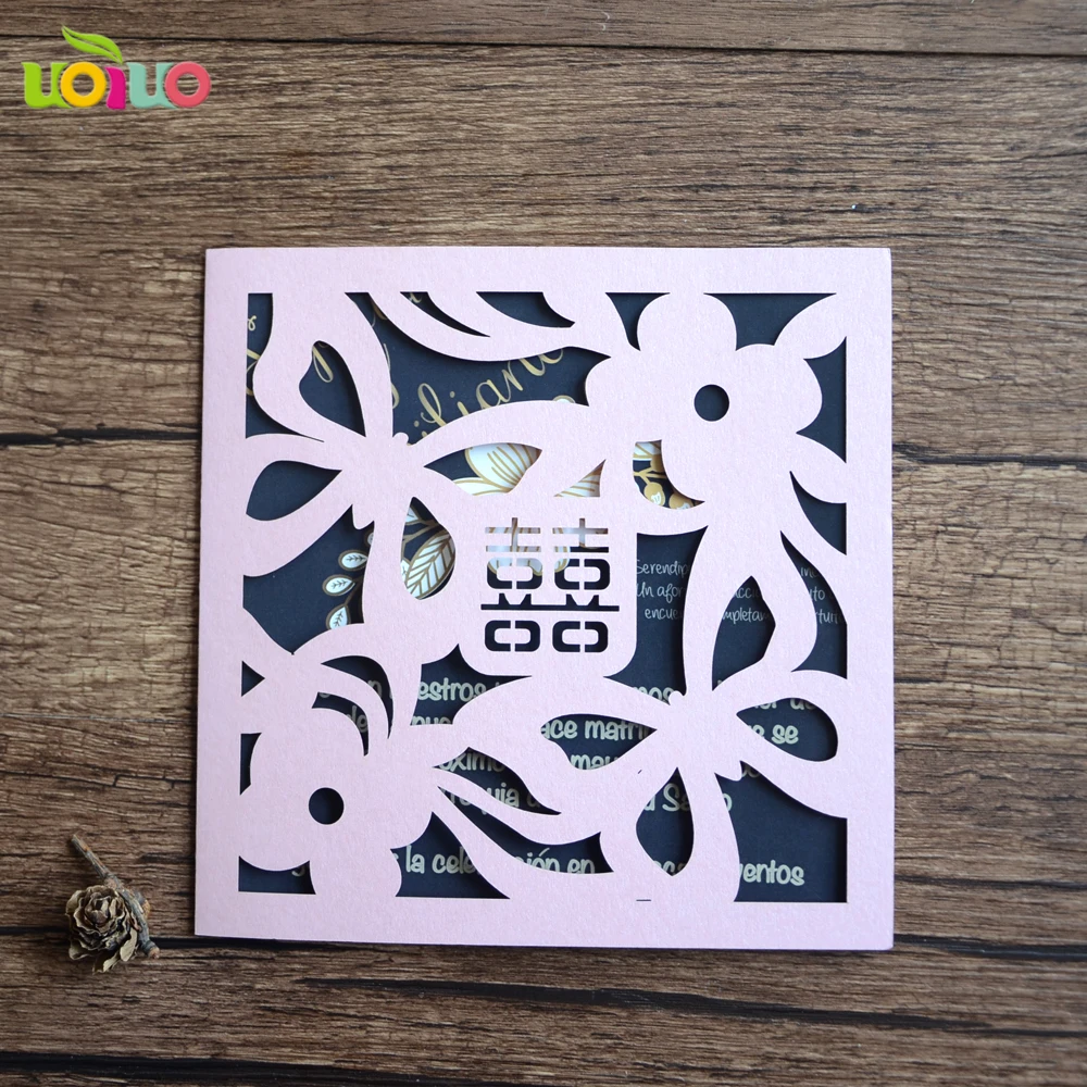 

free shipping 50set inc155 pink china style Laser Cut Invitation Cards Seal Marriage Wedding Invitations Cards