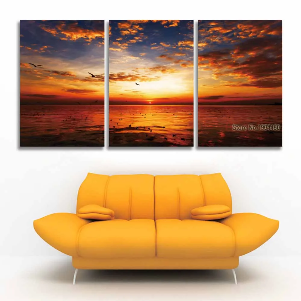 3 Panel HD Prints Canvas Art Sea Horizon Colorful Sunset Painting