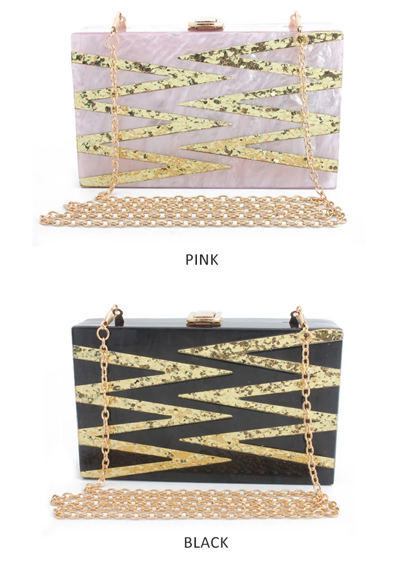 Keevip Pink and Black Color Acrylic Ripple Pattern Glitter Clutch Purse Front View