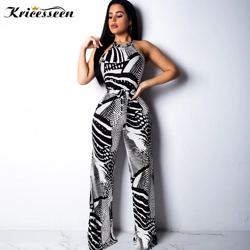 Kricesseen Sexy Print Halter Neck Jumpsuit Overalls With