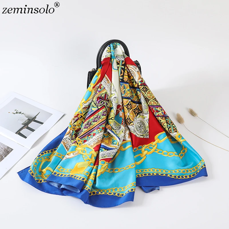

2019 New Square Women Scarves Wraps Shawls Chain Printed 100% Silk Scarf Bandana Fashion Foulard Hijab Scarf Wholesale 130*130cm