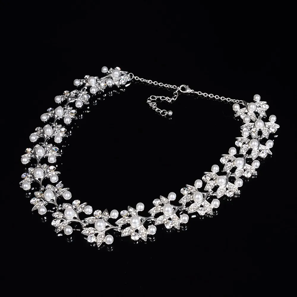 leaf flower links chain pearl necklace for women bridal jewelry set party silver plated wedding accessories opal jewels D032 (6)