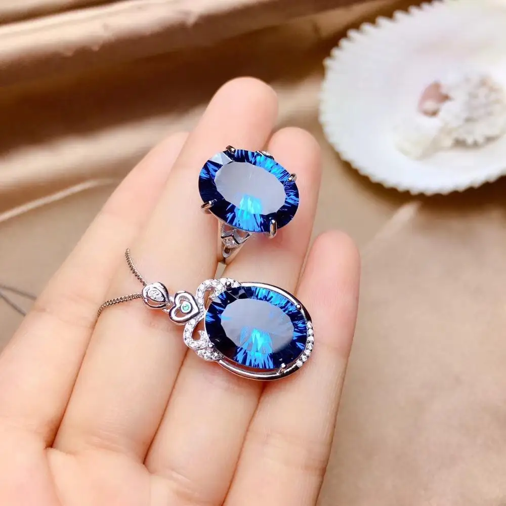 

ocean blue topaz gemstone jewelry set including ring earrings necklace real 925 silver big size gem lucky birthstone party gift