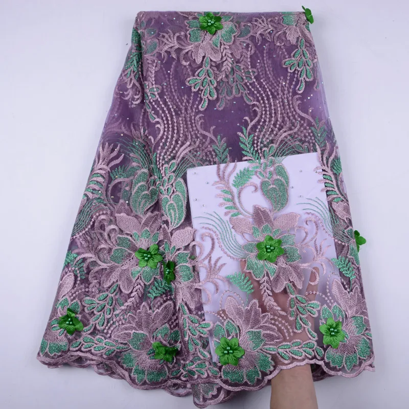 

New Arrival Lilac Color African 3D Flower Tulle Lace Fabric High Quality French Net Lace Fabric With Beads For Party Dress S1475