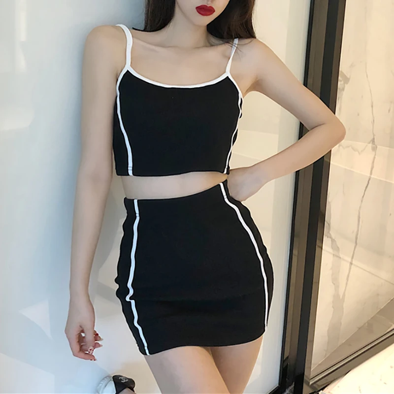 

Sexy Tracksuit Women Two Piece Outfits Matching Sets Black Striped Short Tops and Mini Pencil Short Skirt 2 Piece Skirt Set