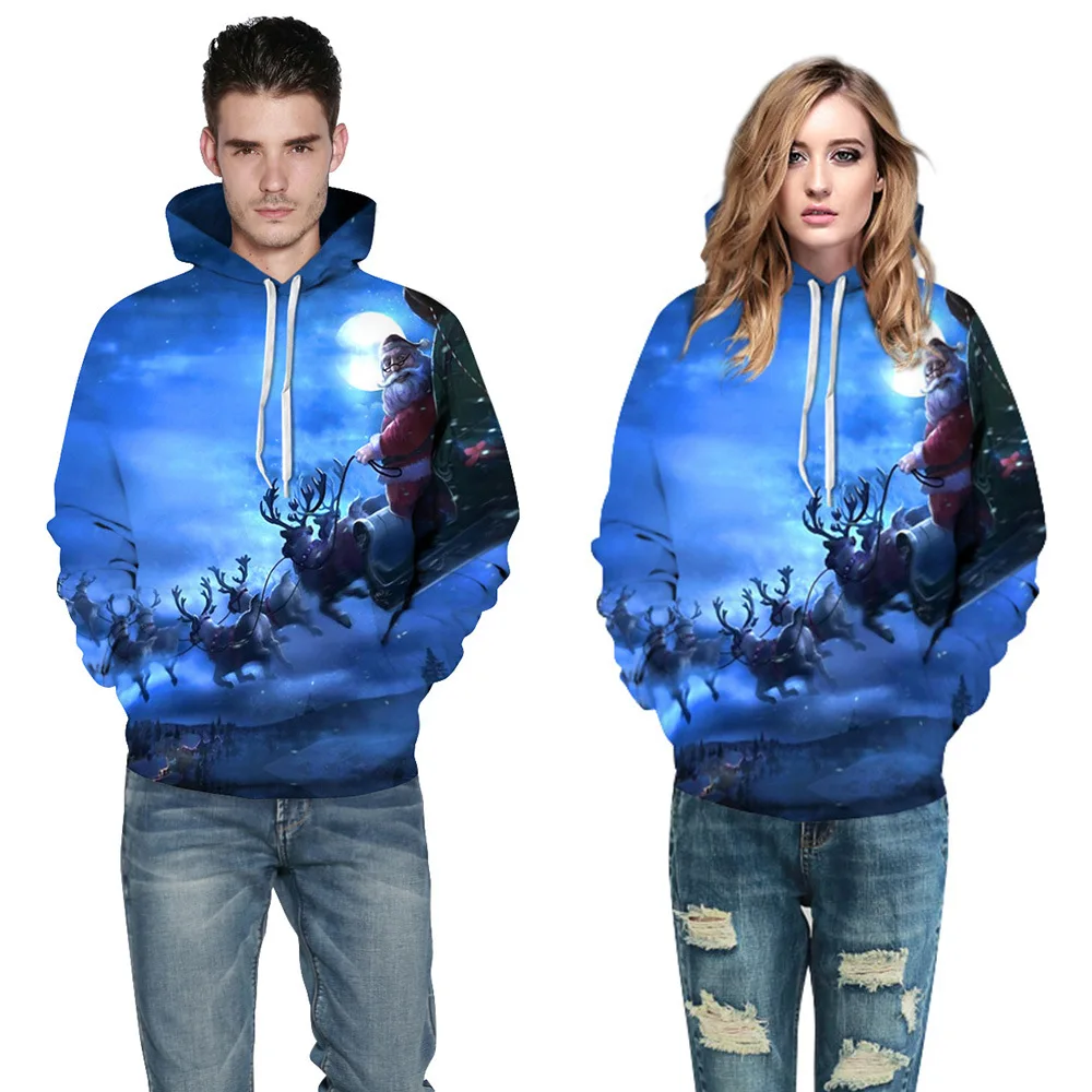 Men/Women Spring/Autumn Hooded Hoodies With Cap Hot Style Santa Sleigh Digital Printing With Hood Fleece S-3XL