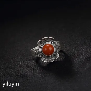 

KJJEAXCMY boutique jewelry S925 Sterling Silver Antique matte makes old inlaid red agate lady high grade multi ring ring.