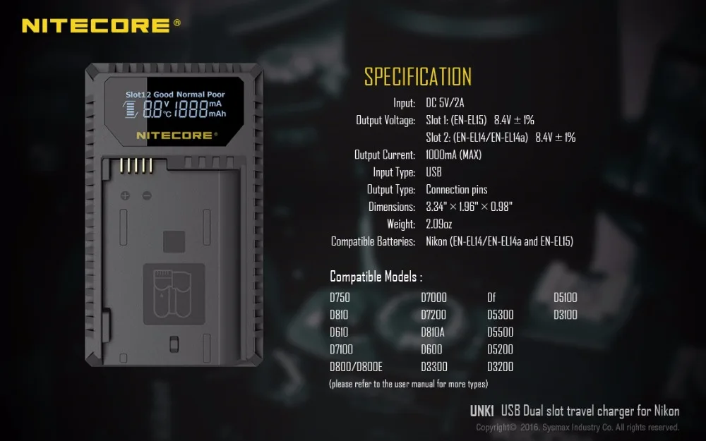 Nitecore UNK1 цифровой USB Зарядное устройство для Nikon Батарея EN-EL14 EN-EL14a EN-EL15 D750 D810 D610 D7100 D800 D800E D7000 D7200 D600