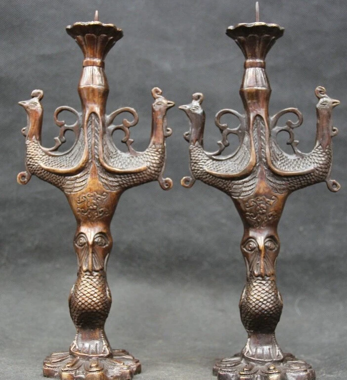 

S1730 10" China Chinese Dynasty Bronze Two Phoenix Head Candle Holder Candlestick Pair D0318