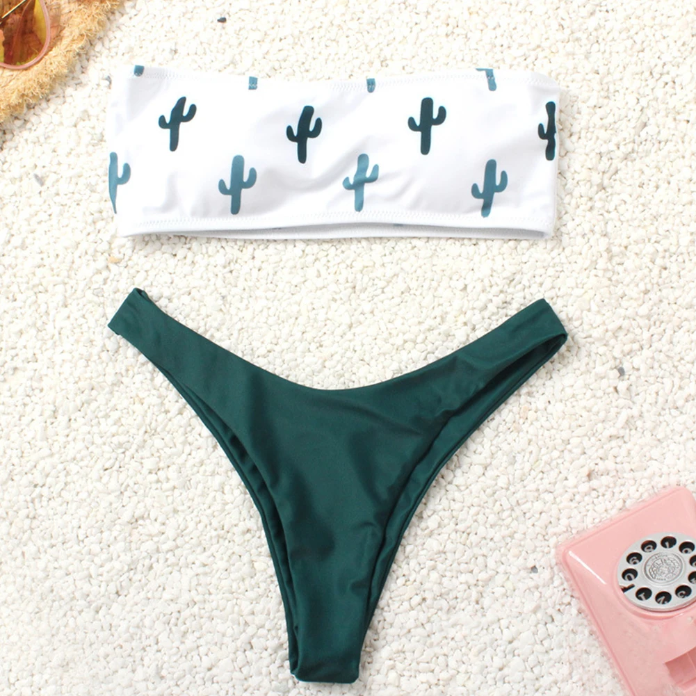 

Women Swimsuit Summer With Brief Holiday Cactus Print Wire Free Slim Bikini Set Polyester Sexy Split Adults