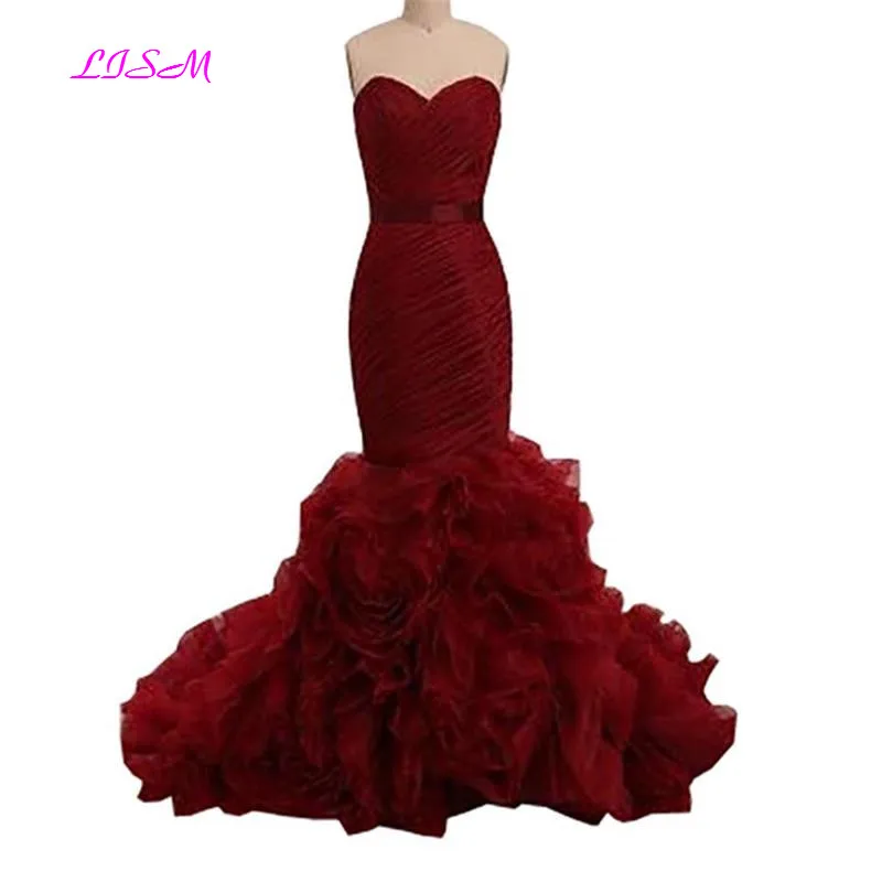 

Wine Red Mermaid Prom Dresses Sweetheart Organza Ruffles Long Formal Evening Dress Bow Sash Zipper Back Sheath Women Prom Gowns