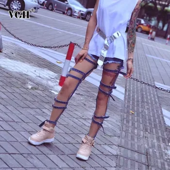 

VGH 2020 Streetwear Women's Jeans Blue Hollow Out Zipper Button Pockets High Waist Loose Summer Straight Jean Female Fashion New