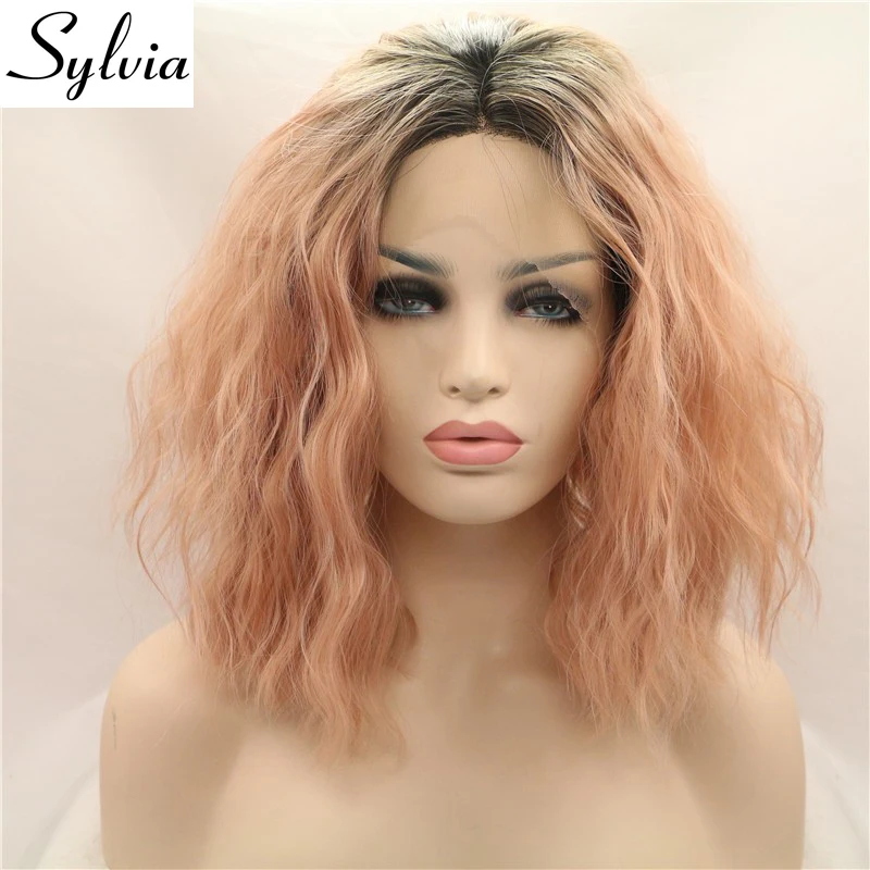 Sylvia Smoke Pink Ombre Short Bob Synthetic Lace Front Wigs Peach